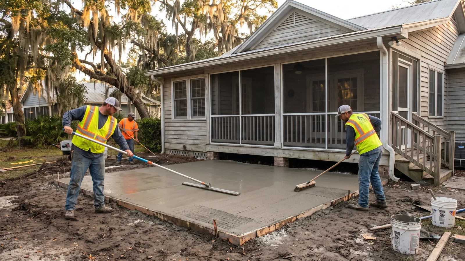 Broom-finished concrete patio being poured off a screened porch at a Carolina coastal home with live oaks and Spanish moss