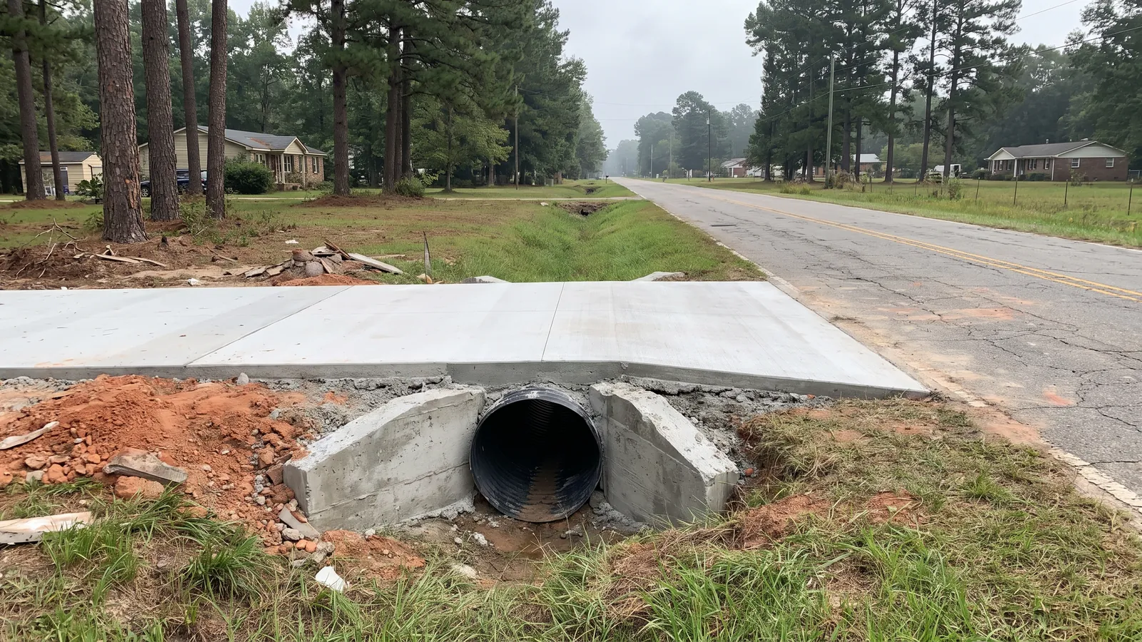 New concrete driveway apron crossing a roadside drainage ditch on a culvert pipe with poured end sections on a Horry County road