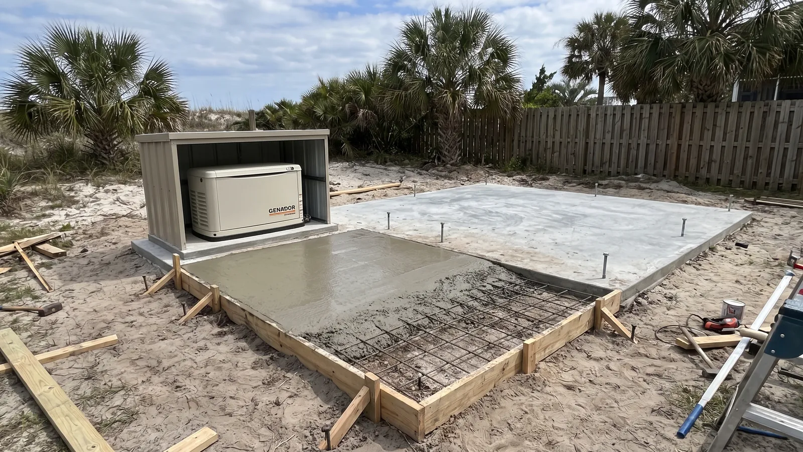 Reinforced concrete generator pad and shed slab formed and poured in a sandy backyard with a standby generator beside it